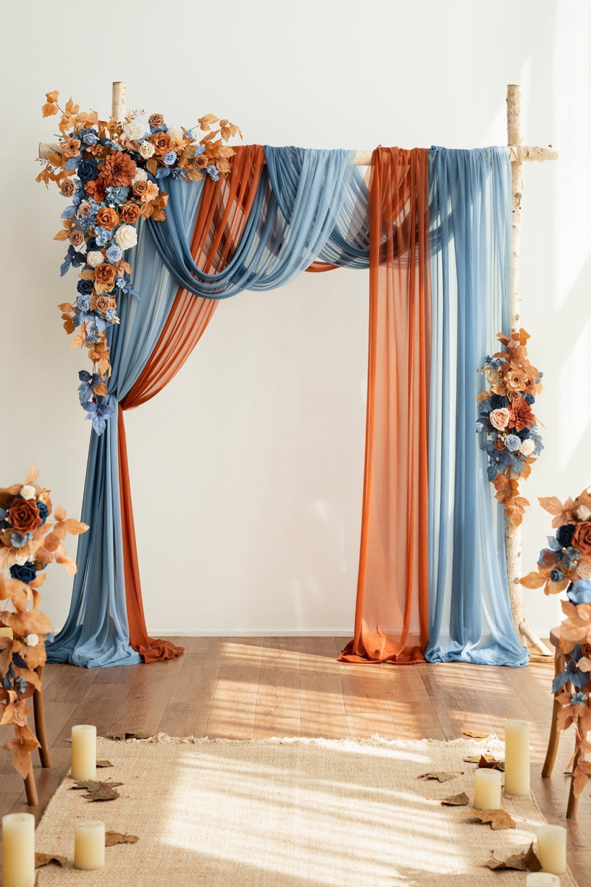 Flower Arch Decor with Drapes in Russet Orange & Denim Blue