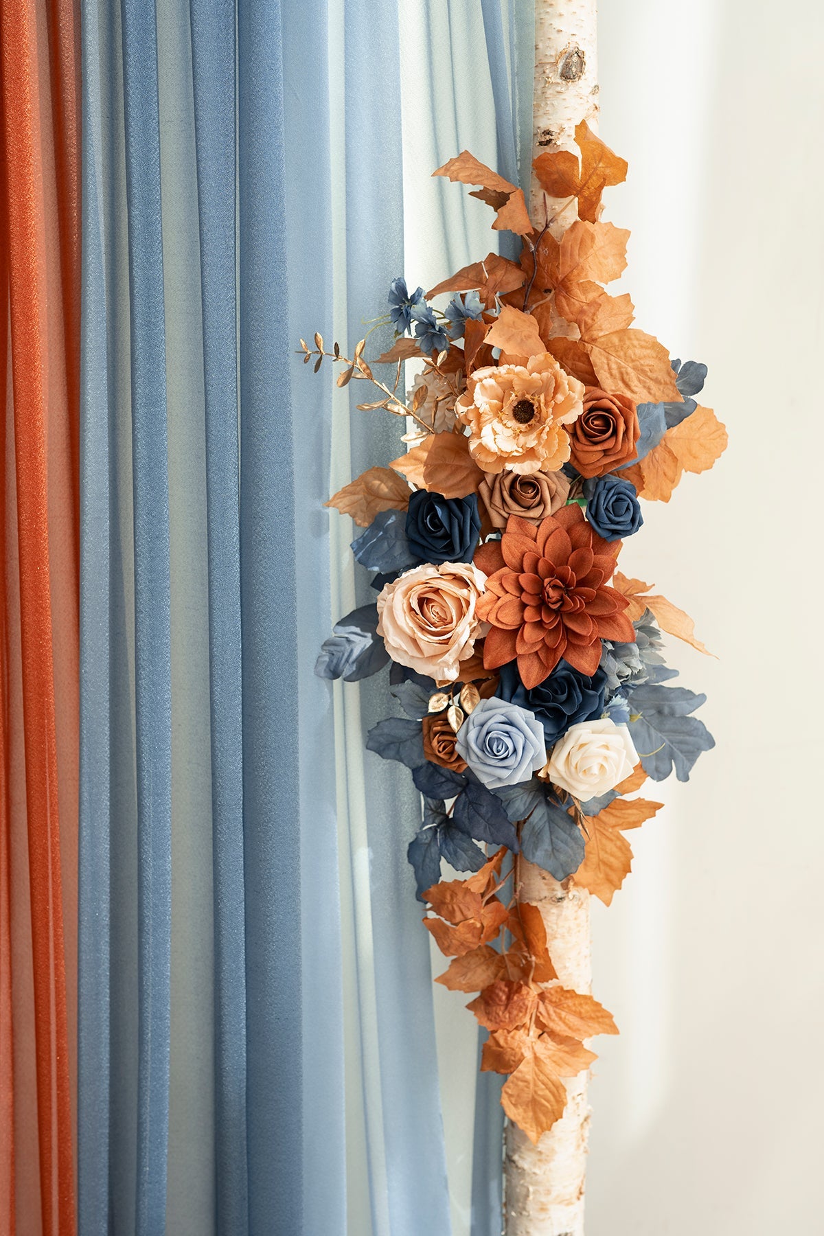 Flower Arch Decor with Drapes in Russet Orange & Denim Blue