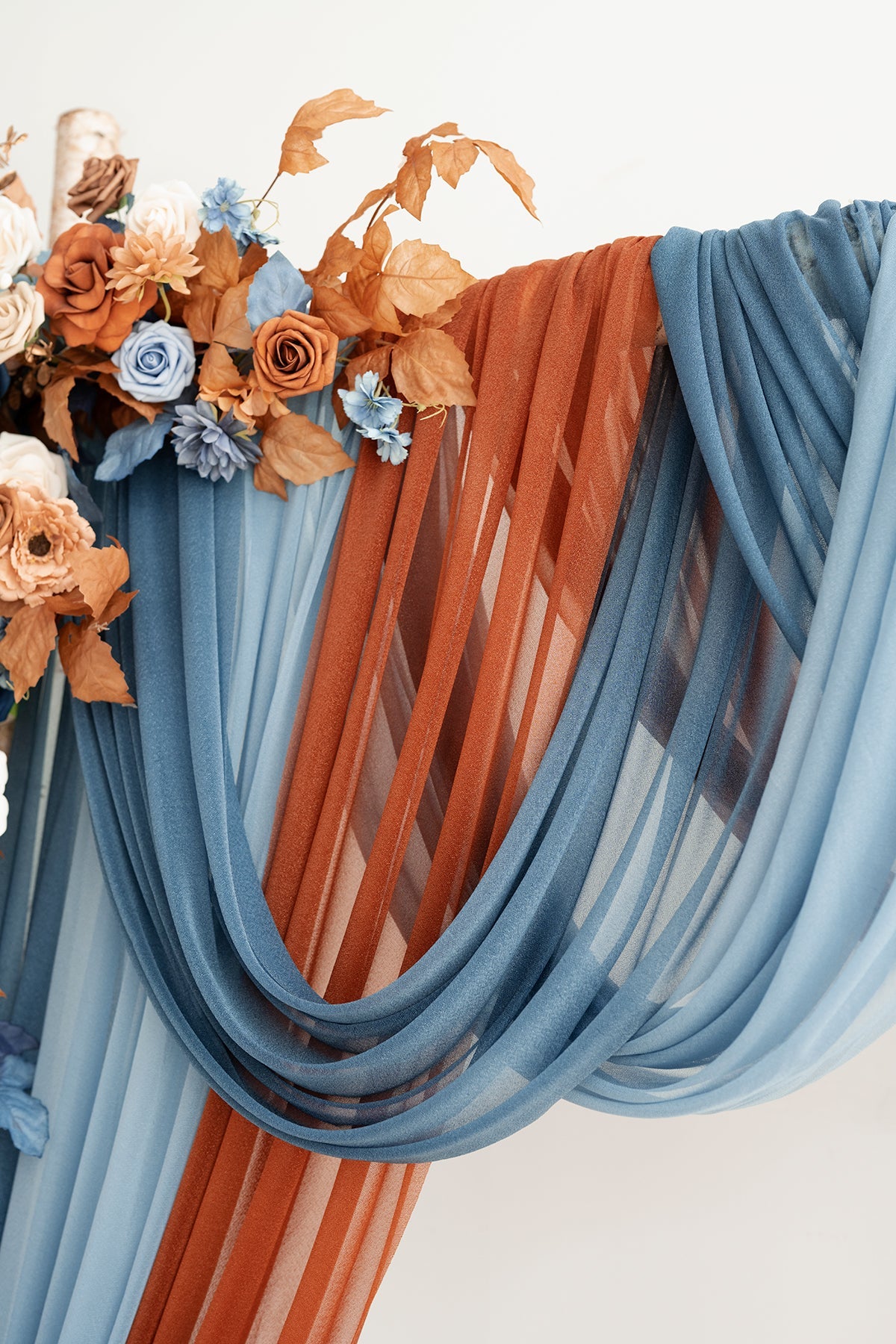 Flower Arch Decor with Drapes in Russet Orange & Denim Blue