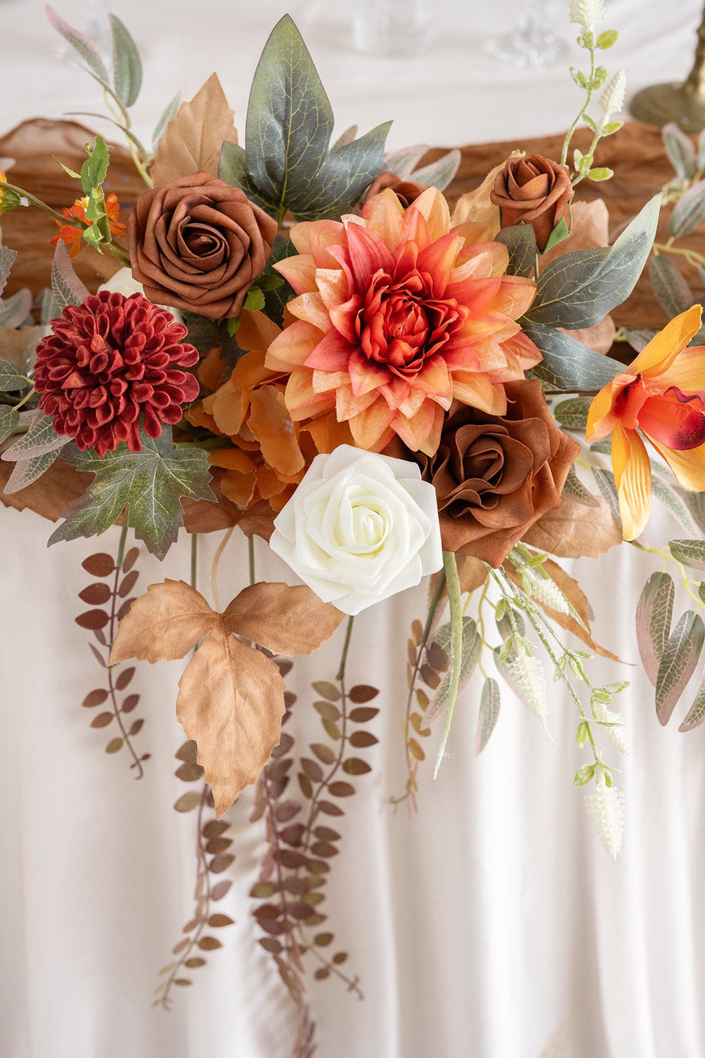 9ft Head Table Flower Garland in Burnt Orange & Scarlet