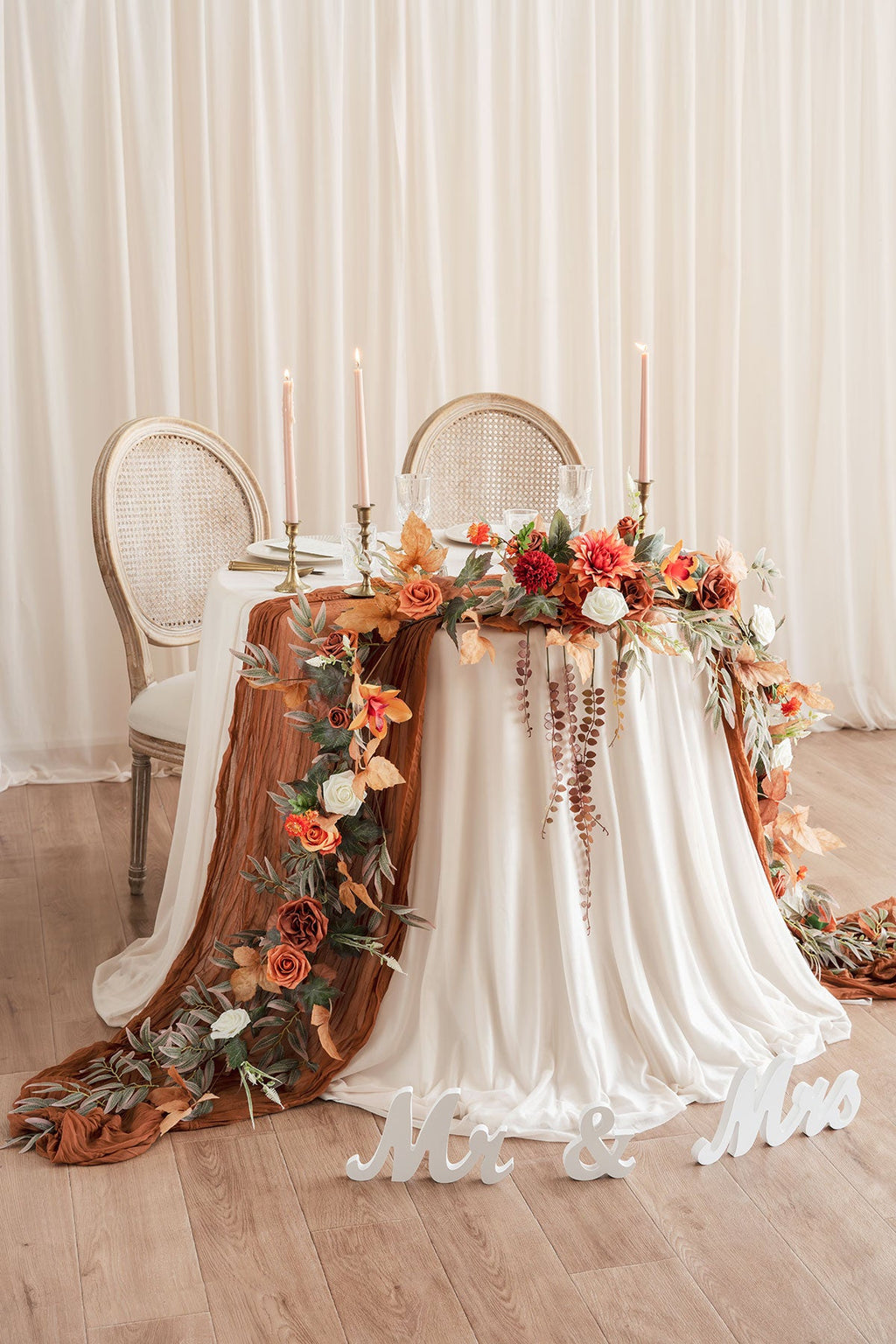 9ft Head Table Flower Garland in Burnt Orange & Scarlet