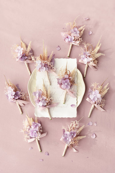Flash Sale | Boutonnieres for Guests in Lavender Aster & Burnt Orange