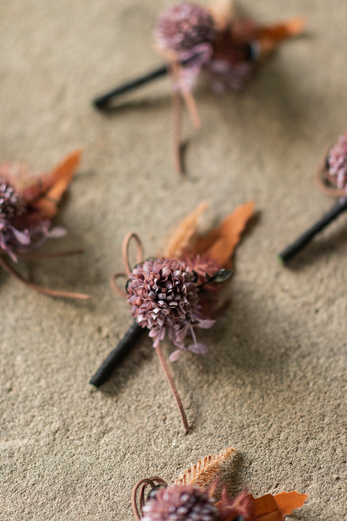 Boutonnieres for Guests in Twilight Purple & Harvest Orange | Clearance