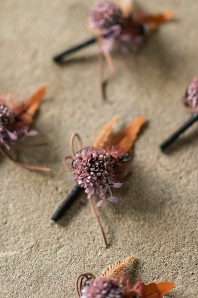 Boutonnieres for Guests in Twilight Purple & Harvest Orange | Clearance