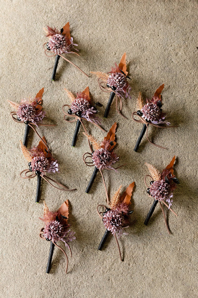 Boutonnieres for Guests in Twilight Purple & Harvest Orange | Clearance
