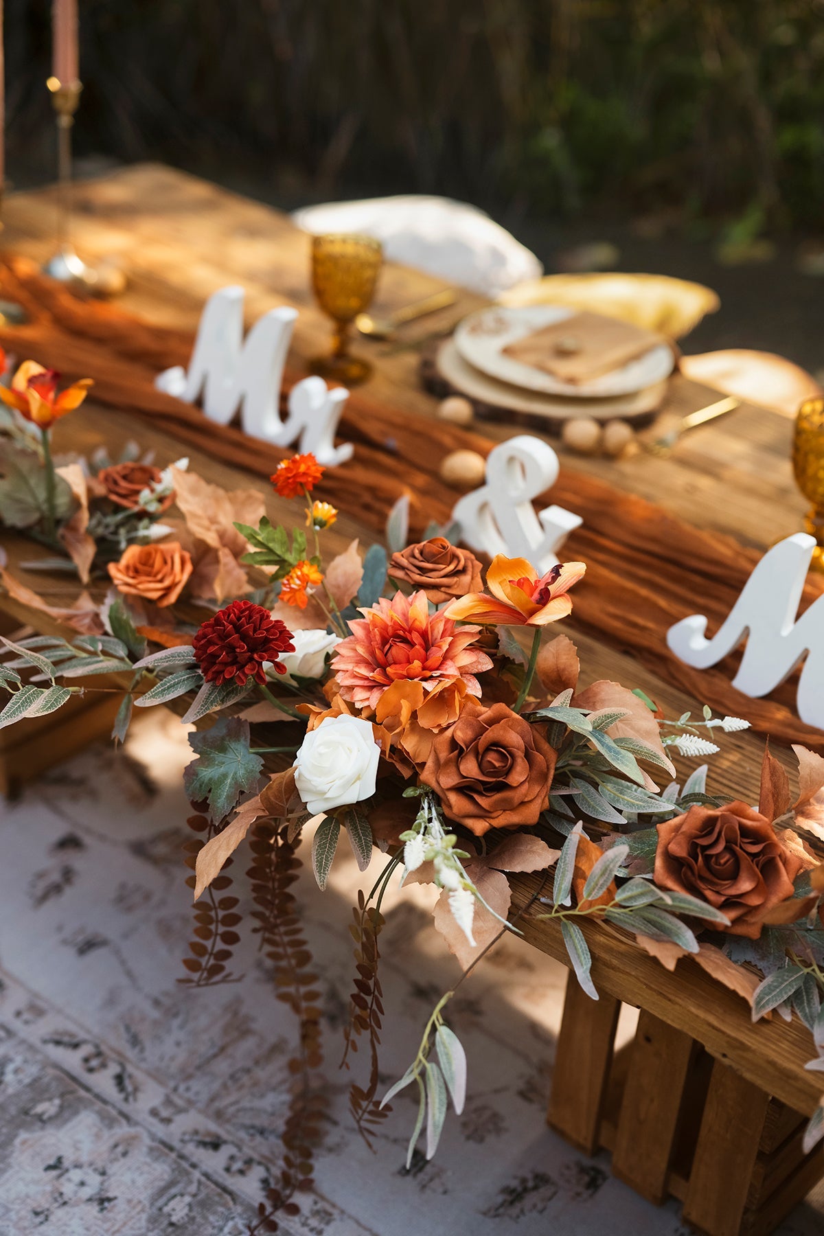 9ft Head Table Flower Garland in Burnt Orange & Scarlet