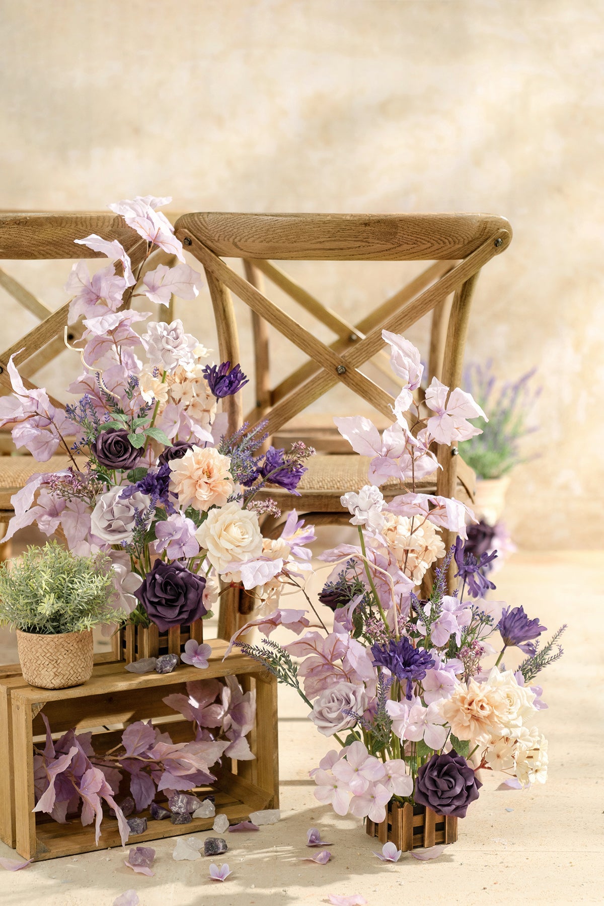 Wedding Aisle Runner Flower Arrangements in French Lavender & Plum