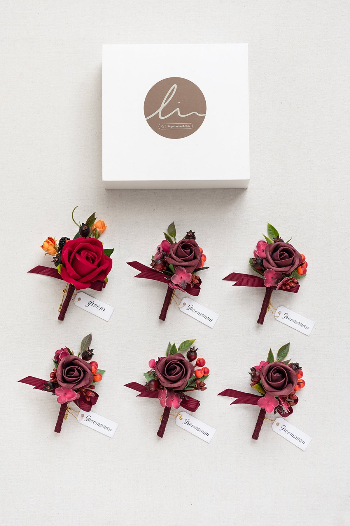 Boutonnieres in Bordeaux Red & Wine
