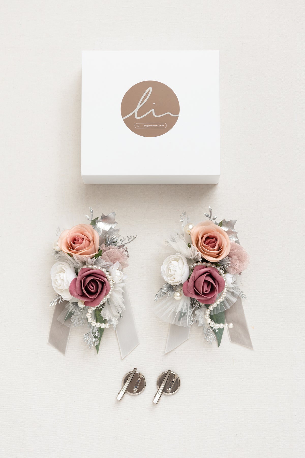 Wrist and Shoulder Corsages in Dusky Rose & Silver