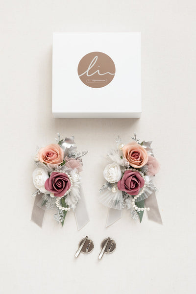 Wrist and Shoulder Corsages in Dusky Rose & Silver