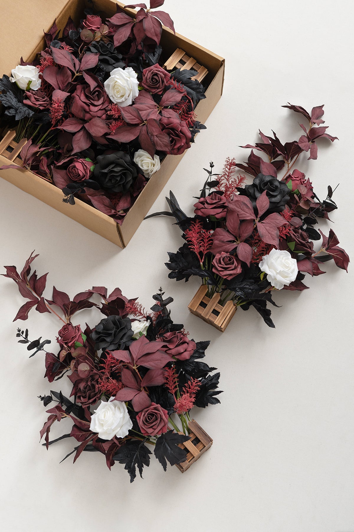 Wedding Aisle Runner Flower Arrangements in Moody Burgundy & Black