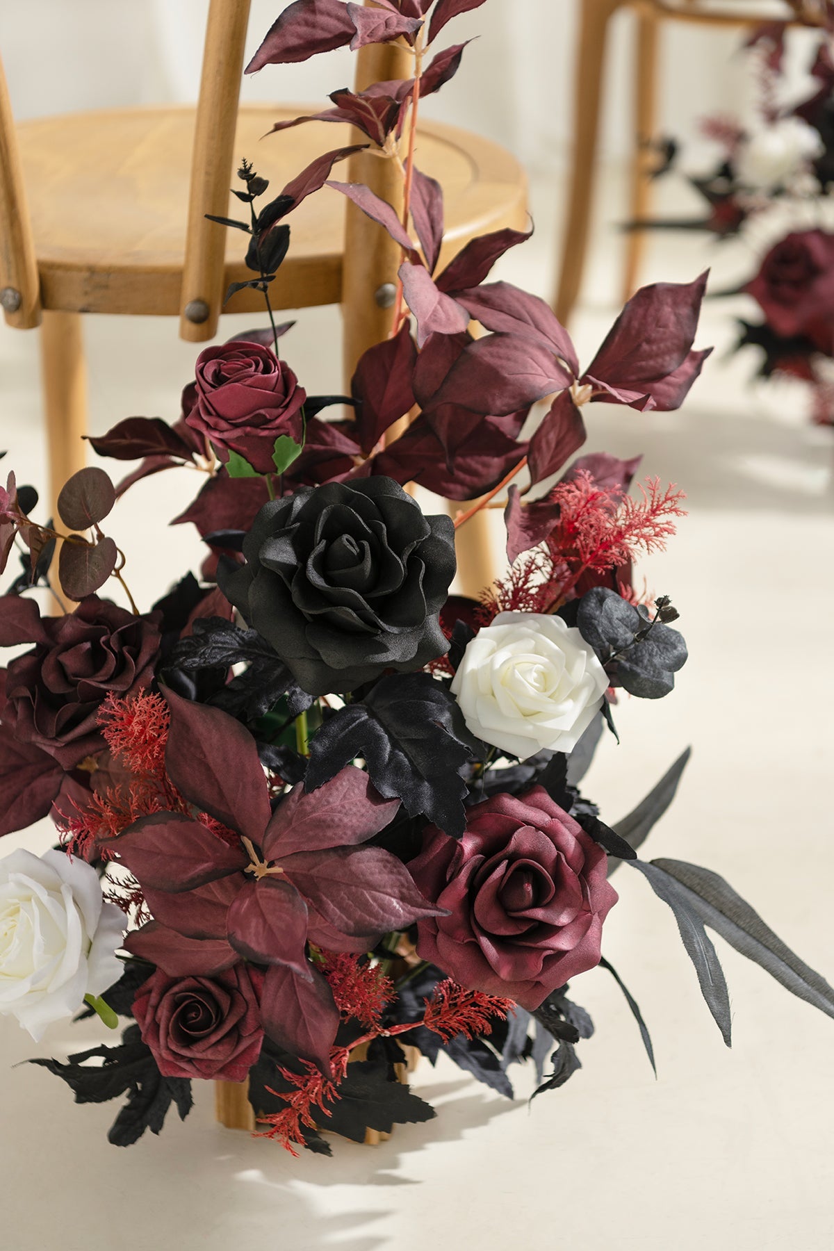 Wedding Aisle Runner Flower Arrangements in Moody Burgundy & Black