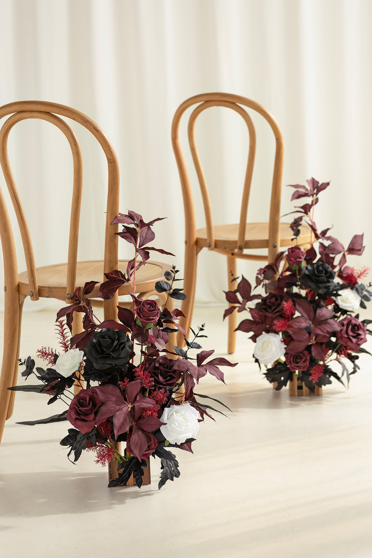 Wedding Aisle Runner Flower Arrangements in Moody Burgundy & Black