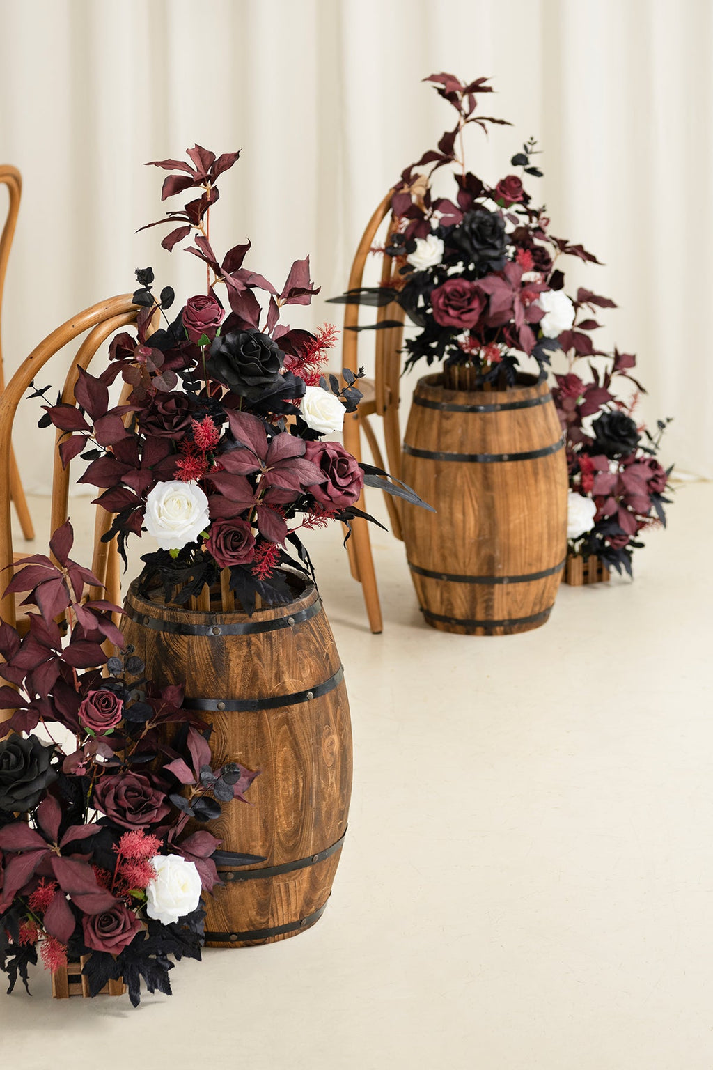 Wedding Aisle Runner Flower Arrangements in Moody Burgundy & Black