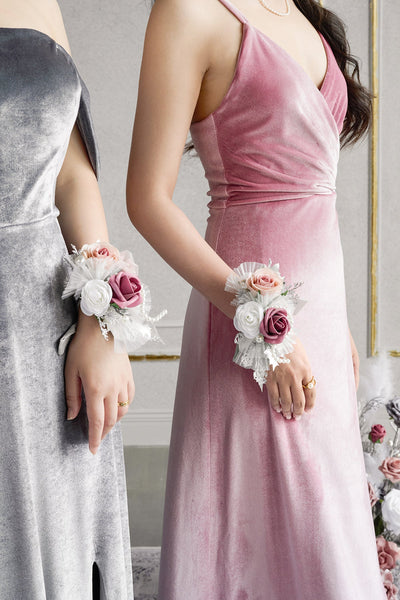 Wrist and Shoulder Corsages in Dusky Rose & Silver