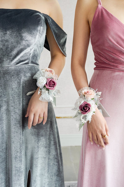 Wrist and Shoulder Corsages in Dusky Rose & Silver