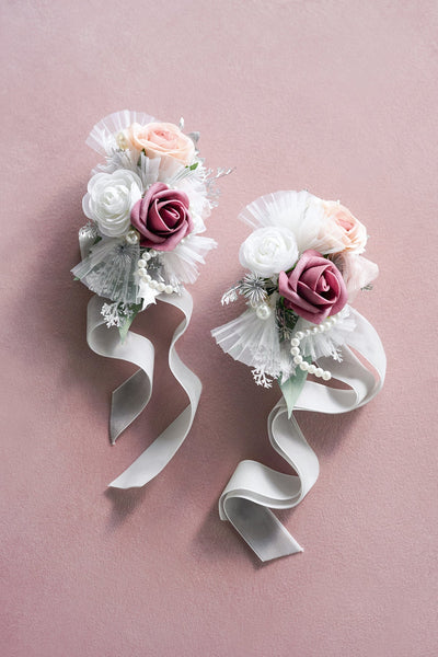Wrist and Shoulder Corsages in Dusky Rose & Silver