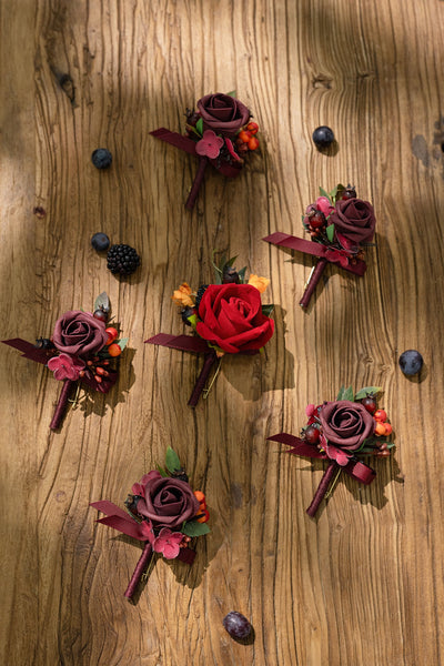 Boutonnieres in Bordeaux Red & Wine