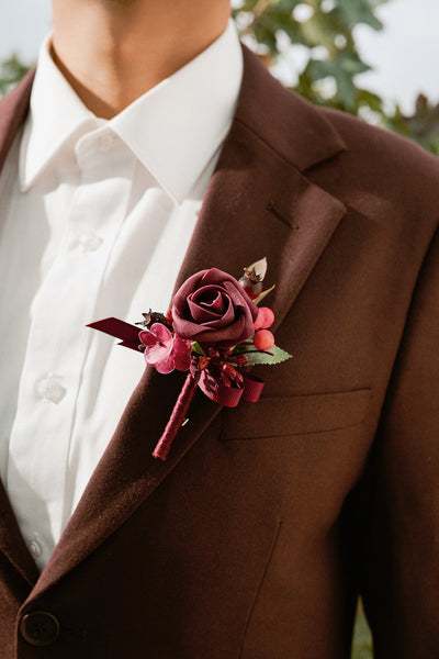 Boutonnieres in Bordeaux Red & Wine