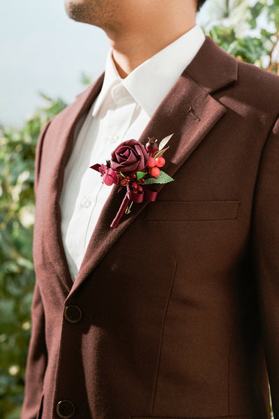 Boutonnieres in Bordeaux Red & Wine