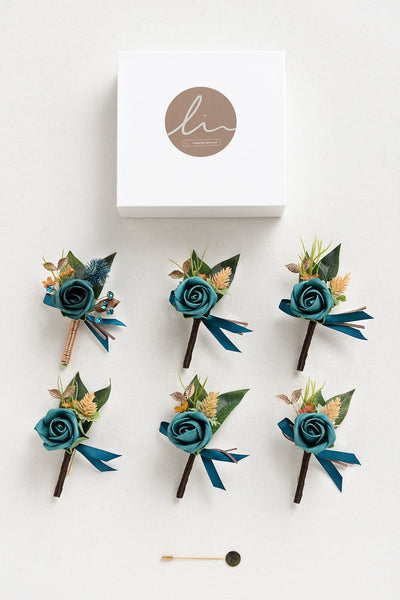 Boutonnieres in Dark Teal & Burnt Orange