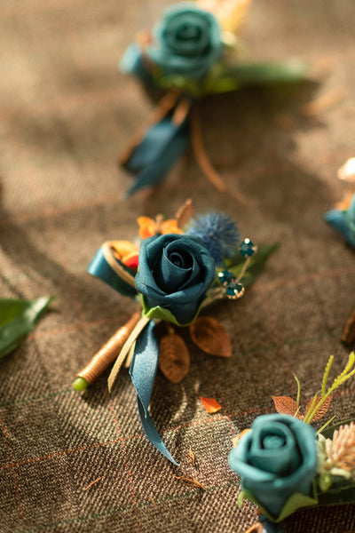 Boutonnieres in Dark Teal & Burnt Orange