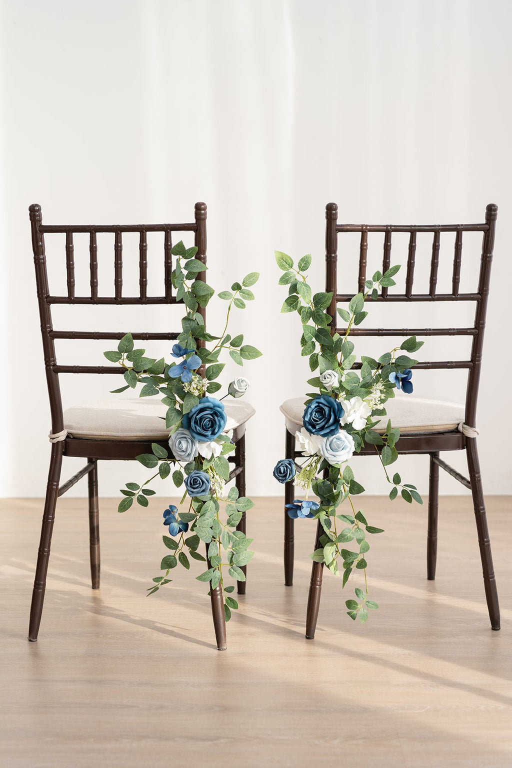 Wedding Aisle Chair Flower Decoration in Dusty Blue & Navy