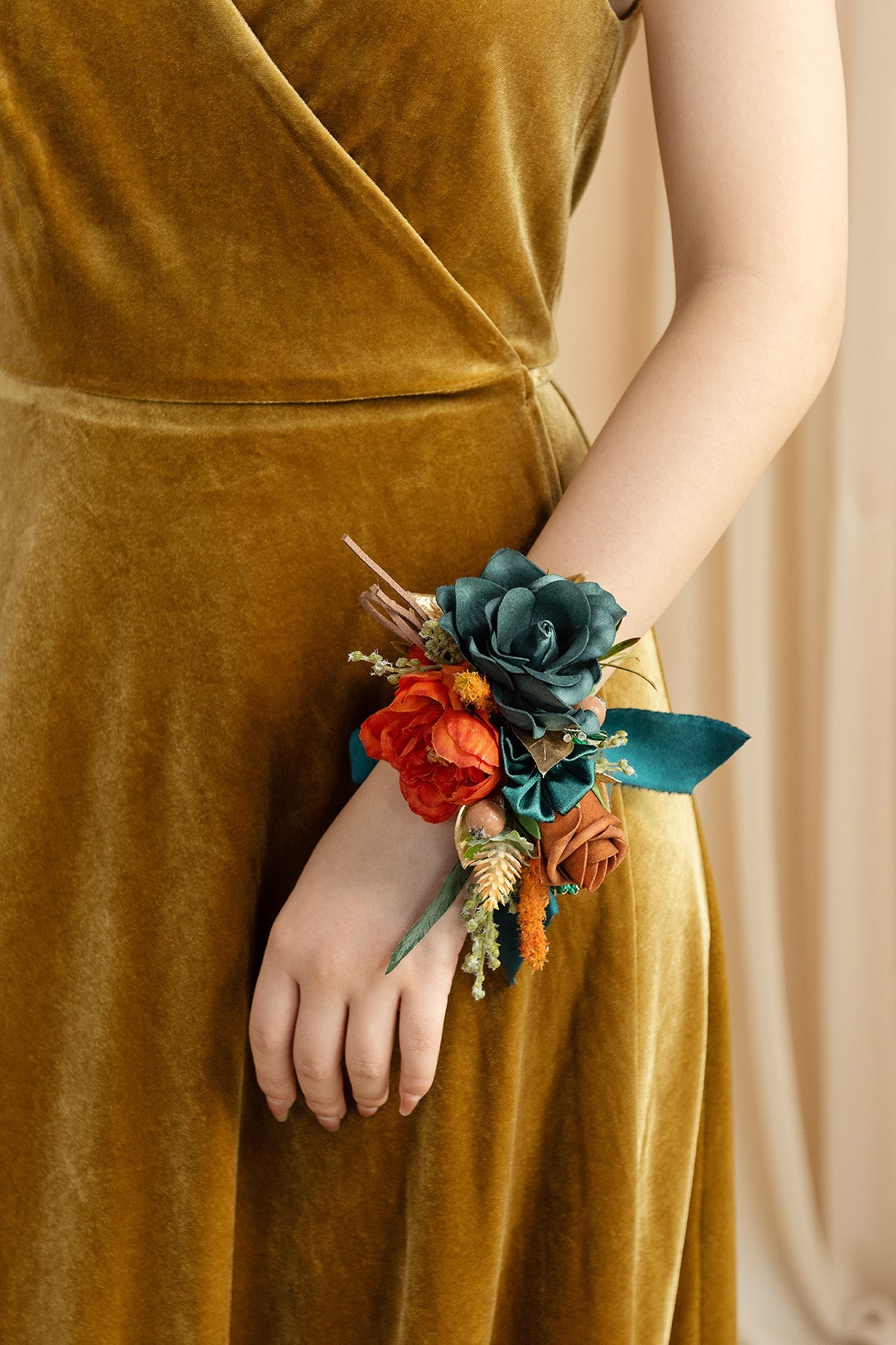 Wrist and Shoulder Corsages in Dark Teal & Burnt Orange