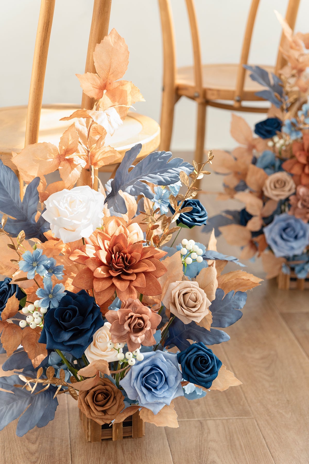 Wedding Aisle Runner Flower Arrangements in Russet Orange & Denim Blue