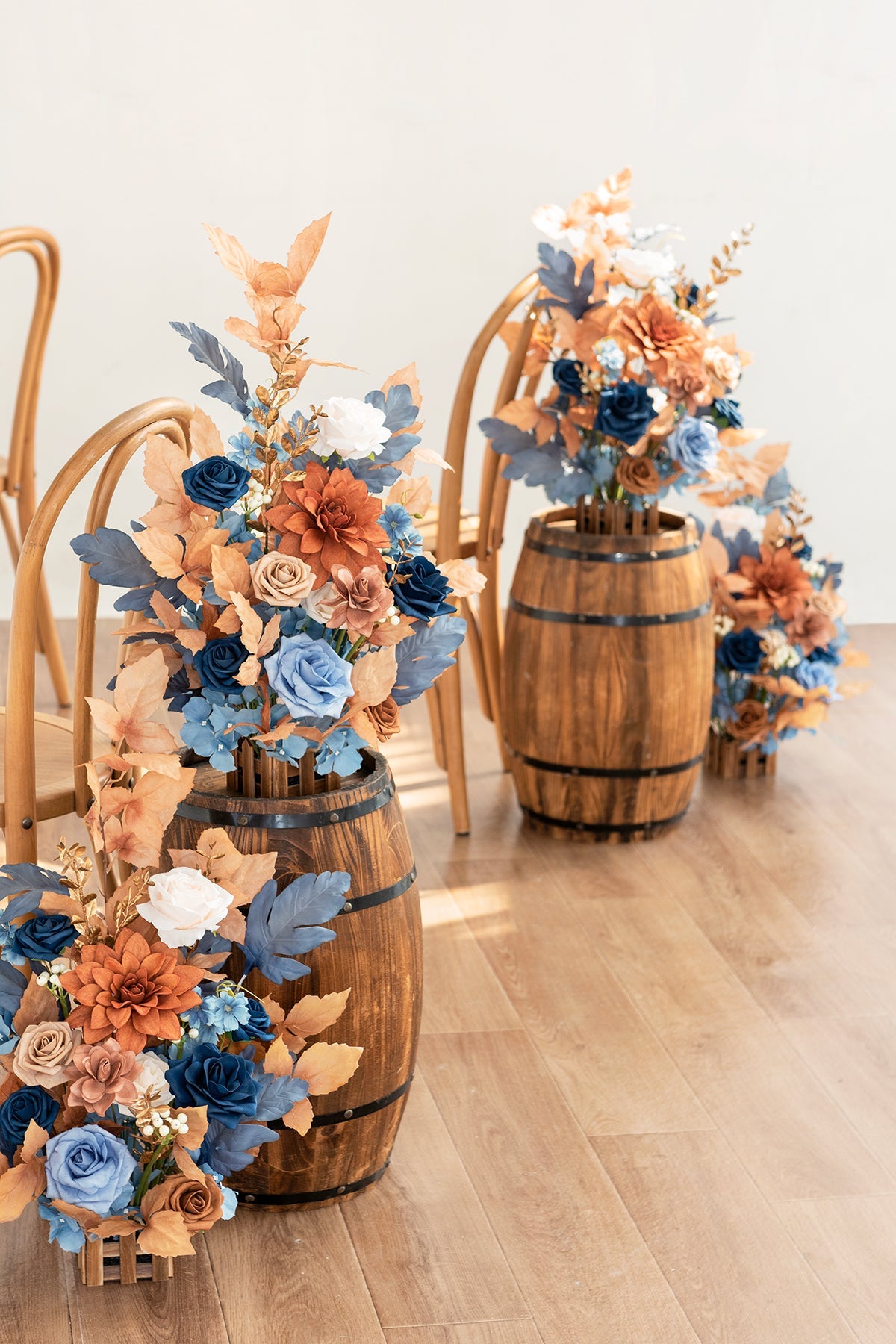 Wedding Aisle Runner Flower Arrangements in Russet Orange & Denim Blue