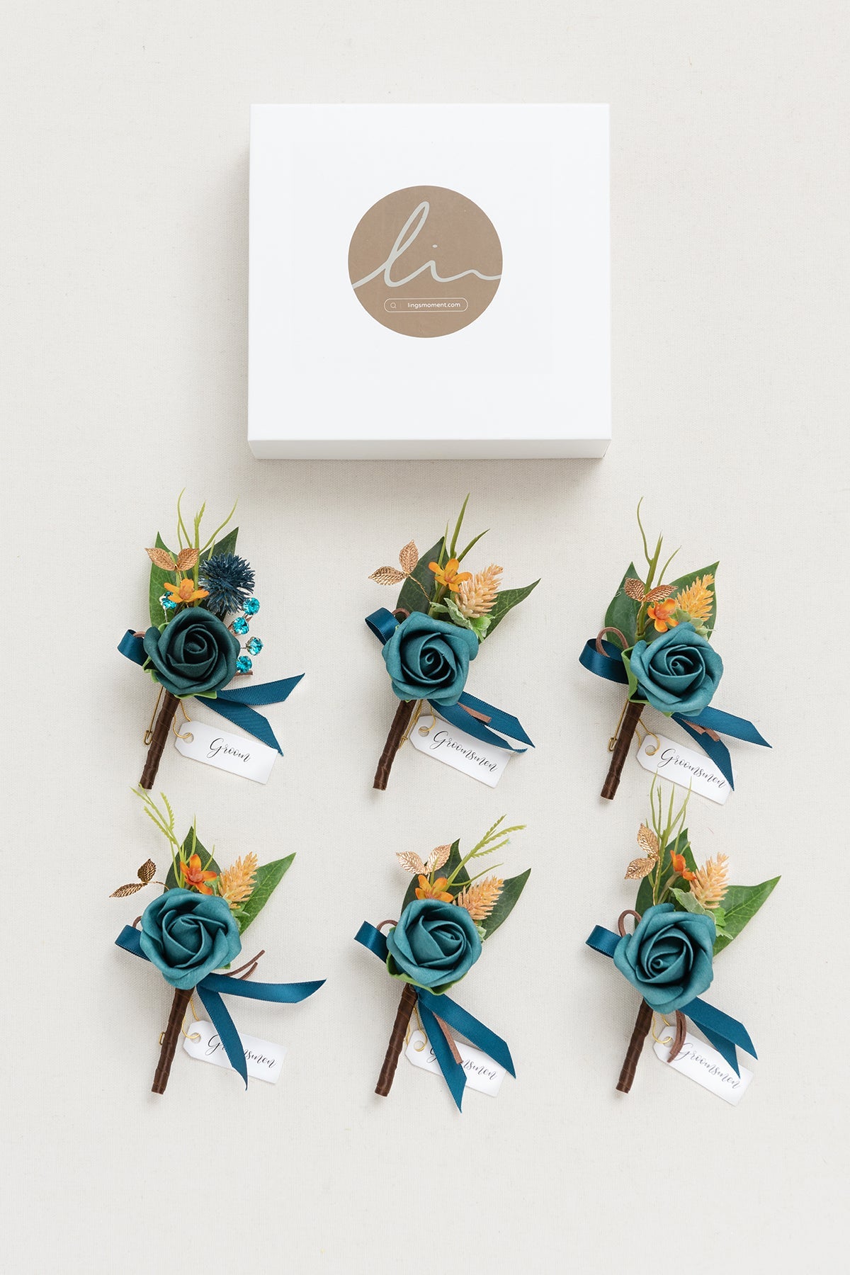 Boutonnieres in Dark Teal & Burnt Orange
