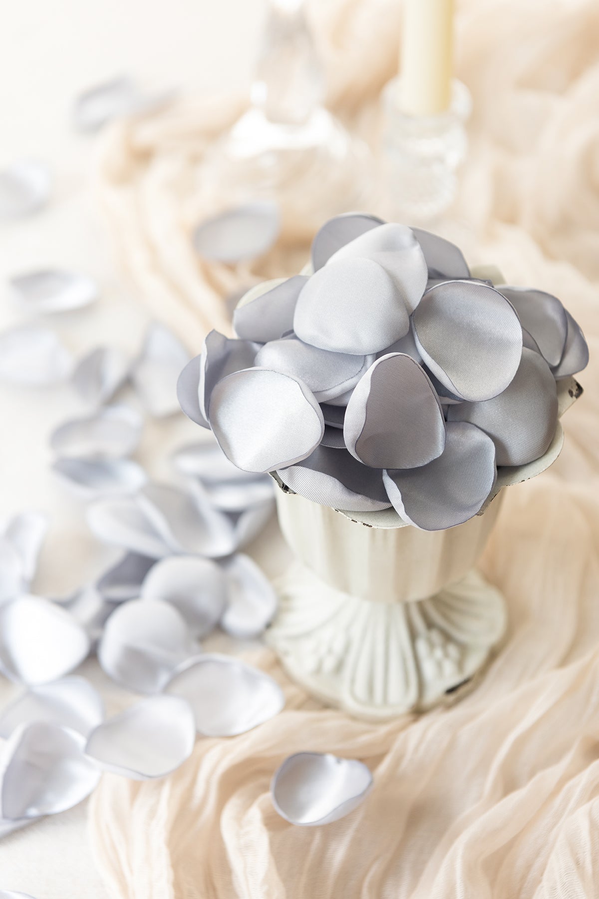 Silk Rose Petals in White & Sage