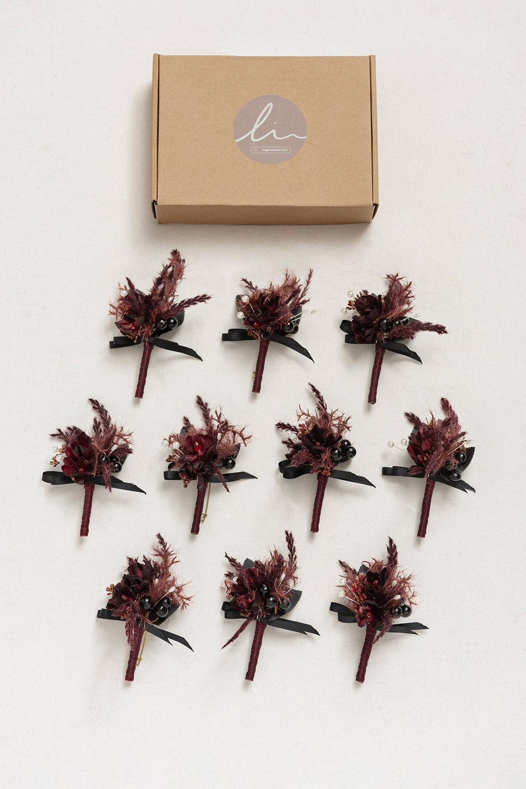 Boutonnieres for Guests in Moody Burgundy & Black