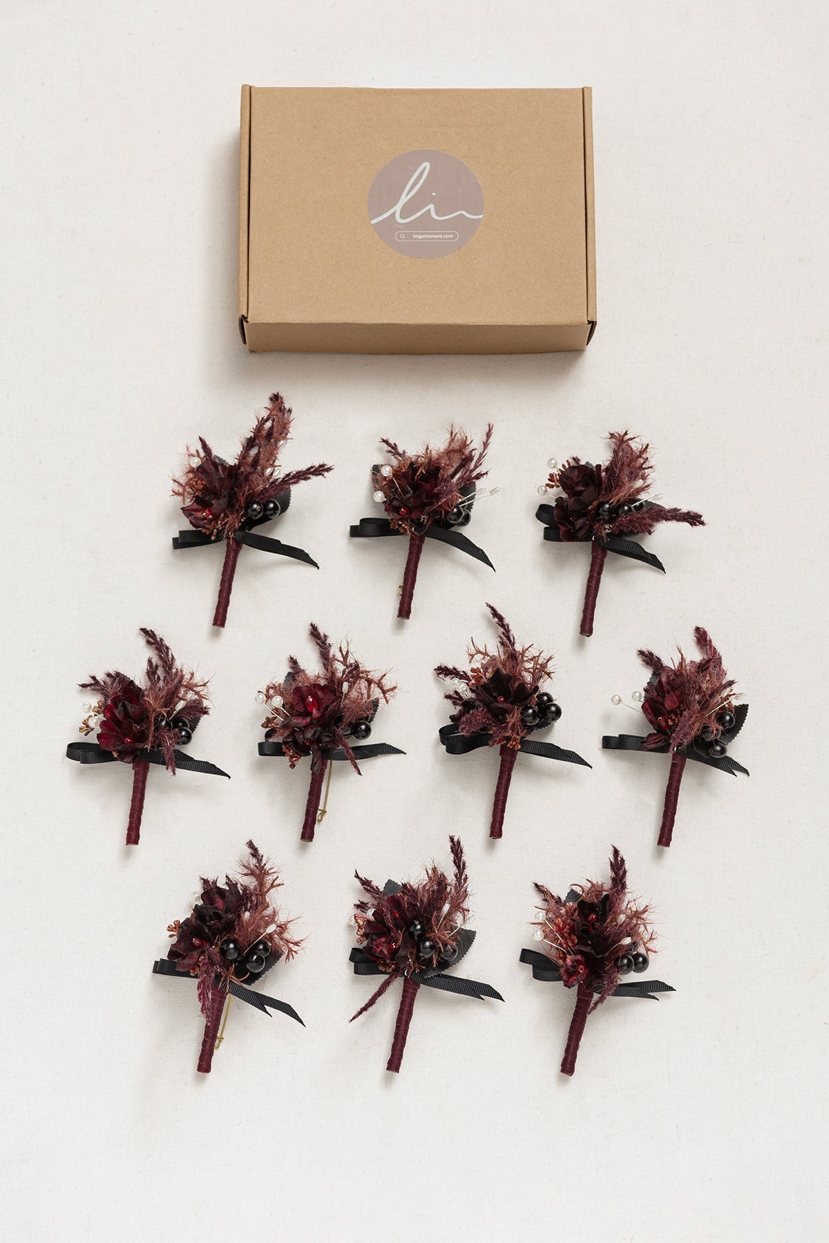 Boutonnieres for Guests in Moody Burgundy & Black