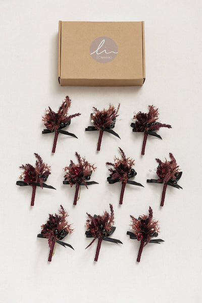 Boutonnieres for Guests in Moody Burgundy & Black