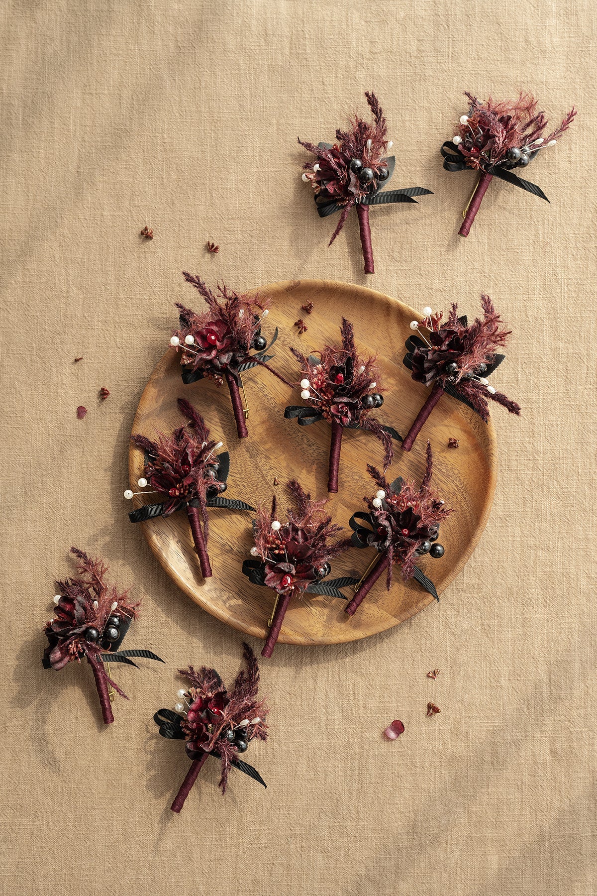 Boutonnieres for Guests in Moody Burgundy & Black