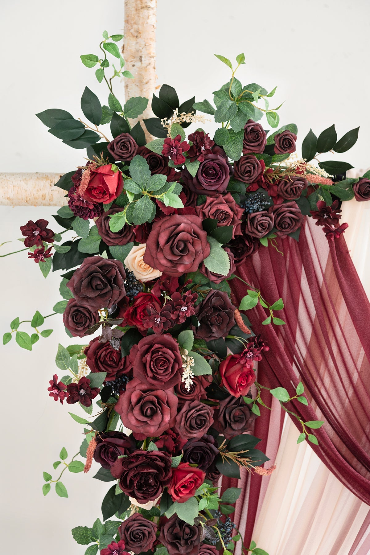Flower Arch Decor with Drapes in Bordeaux Red & Wine
