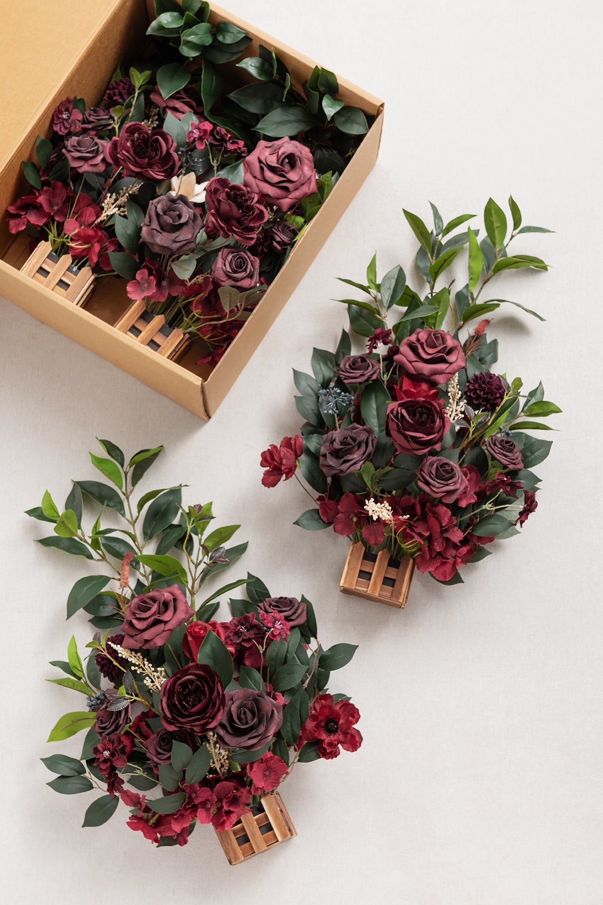Wedding Aisle Runner Flower Arrangements in Bordeaux Red & Wine