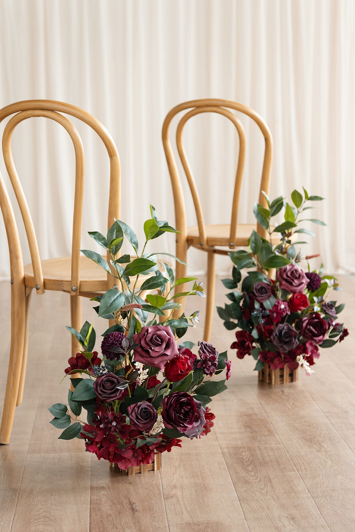 Wedding Aisle Runner Flower Arrangements in Bordeaux Red & Wine