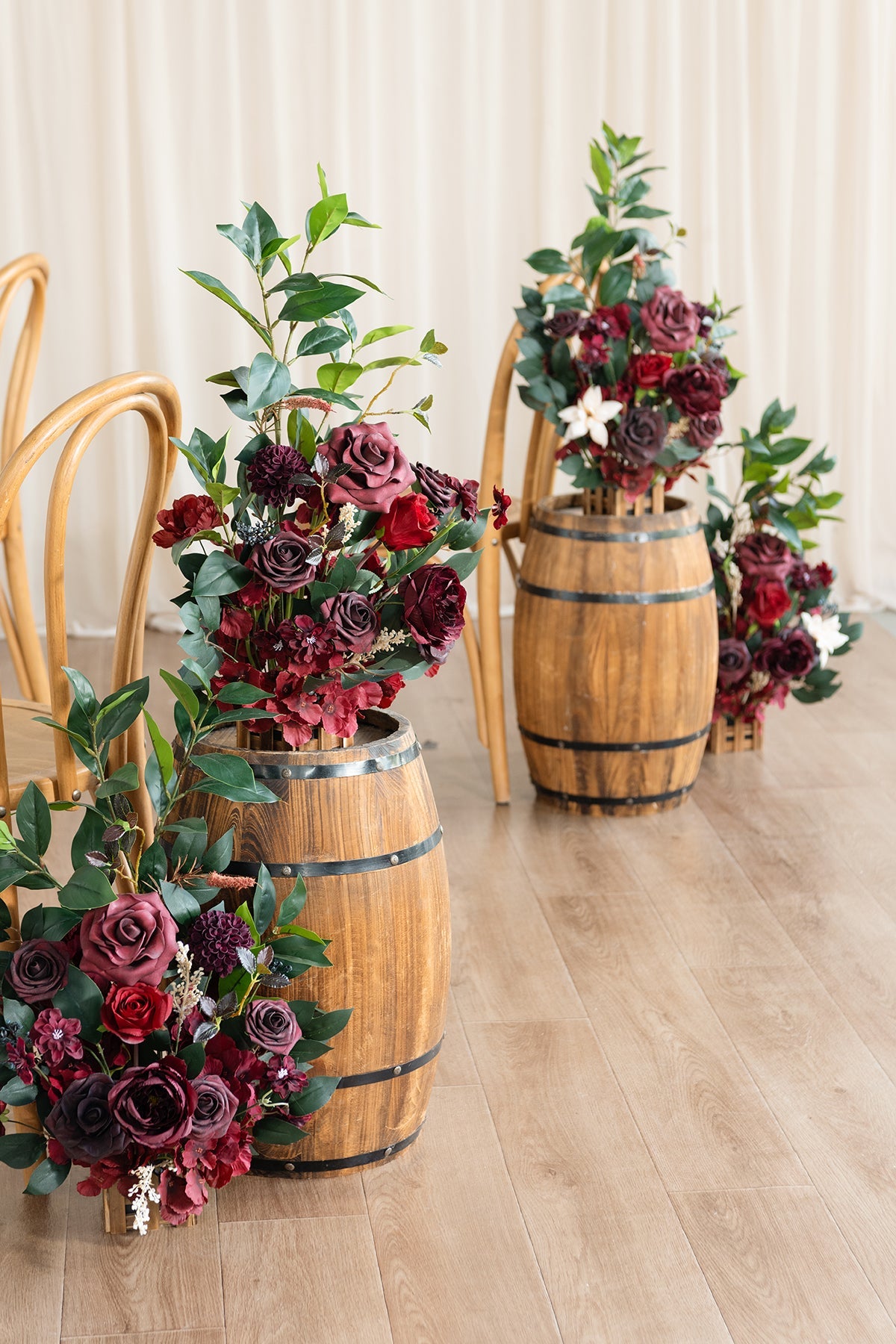 Wedding Aisle Runner Flower Arrangements in Bordeaux Red & Wine