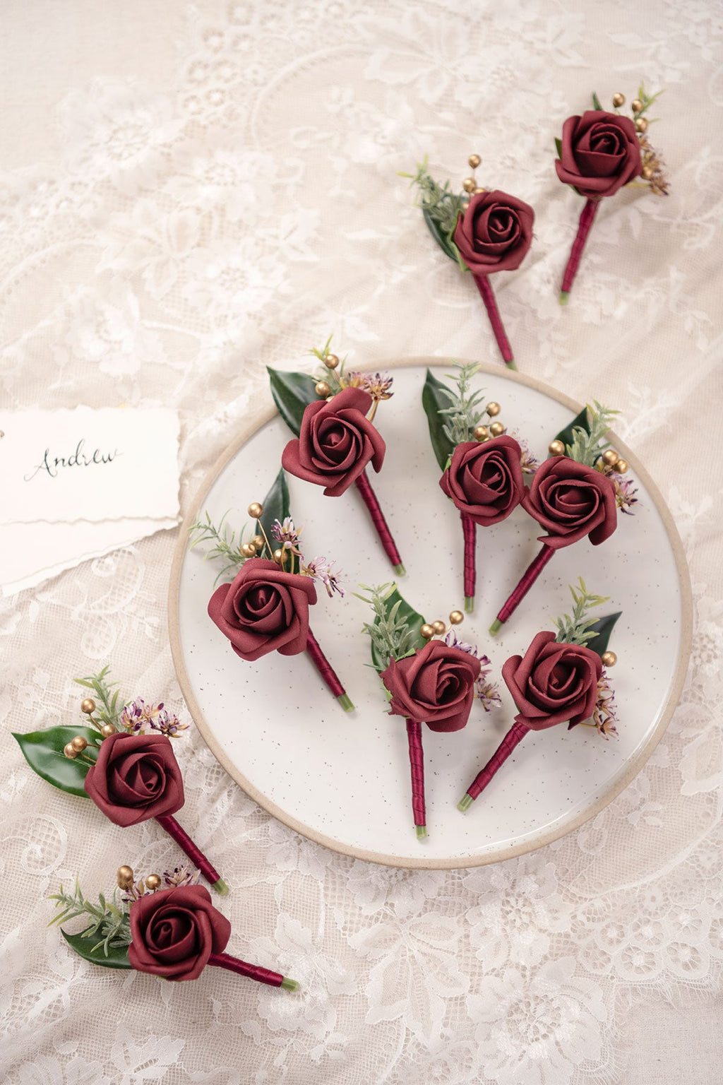 Boutonnieres in Burgundy & Navy