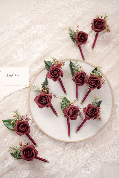Boutonnieres in Burgundy & Navy