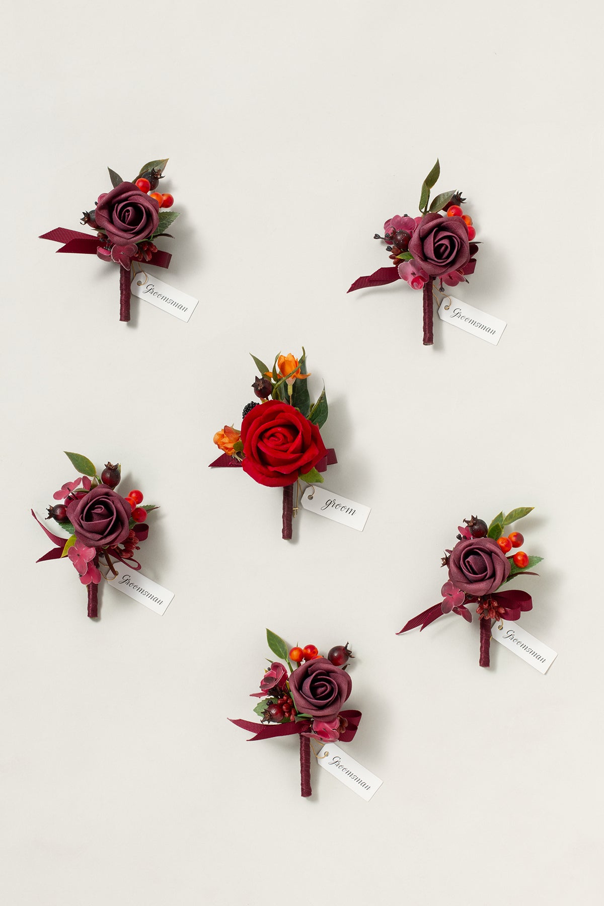 Boutonnieres in Bordeaux Red & Wine