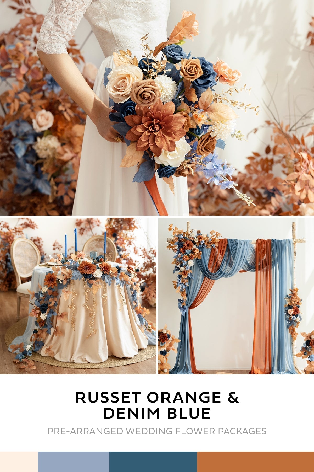 Pre-Arranged Wedding Flower Packages in Russet Orange & Denim Blue