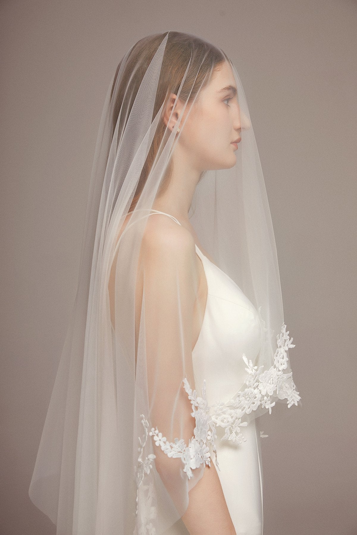 French Chapel Veil with Floral Lace Appliques Edge - lingsDev