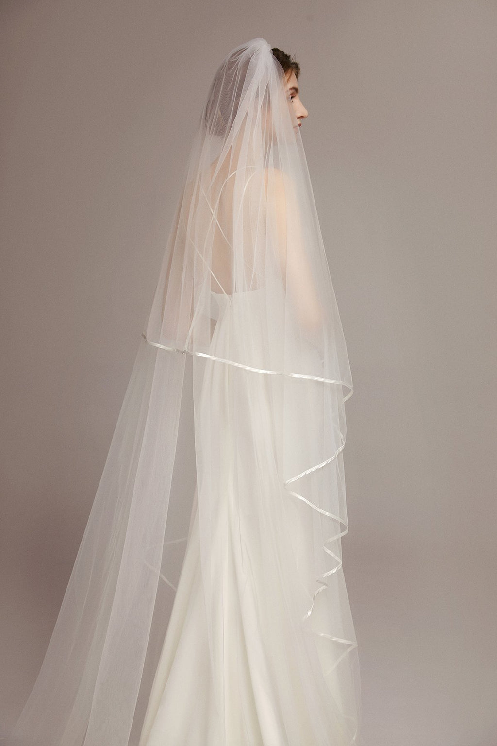 Two Tier Angel-Cut Satin Trim Chapel Veil with Comb - lingsDev
