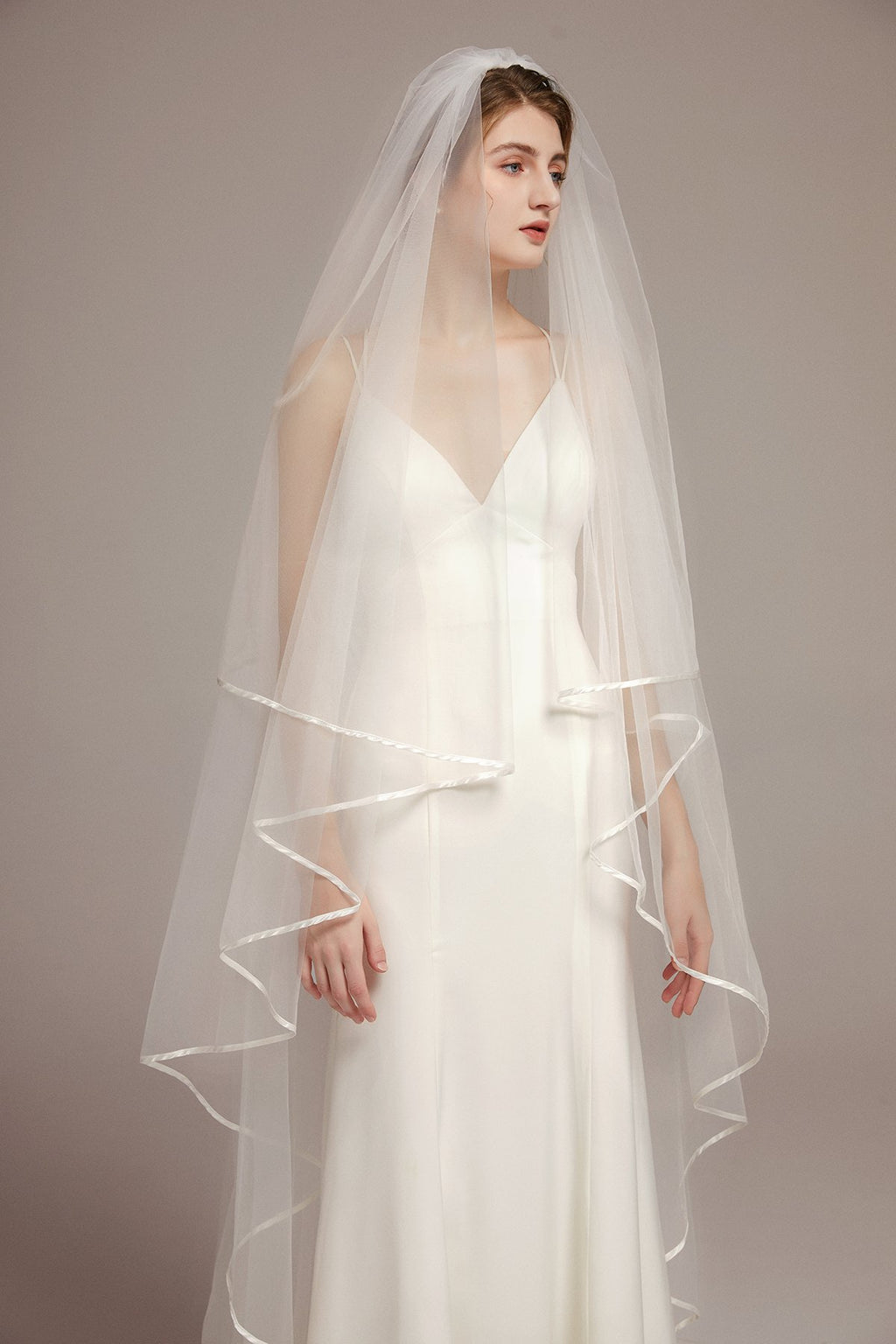 Two Tier Angel-Cut Satin Trim Chapel Veil with Comb - lingsDev