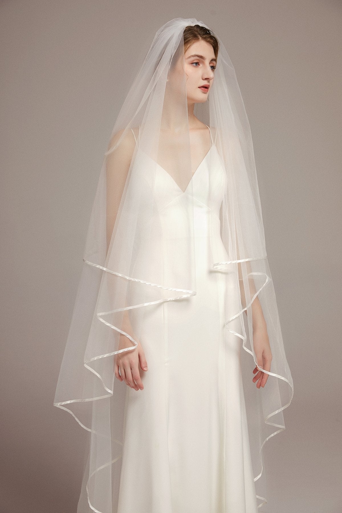 Two Tier Angel-Cut Satin Trim Chapel Veil with Comb - lingsDev