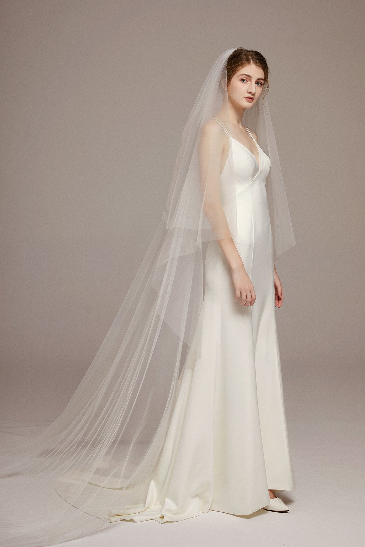 Simple Elegant Two Tier Cathedral Veil with Comb - lingsDev