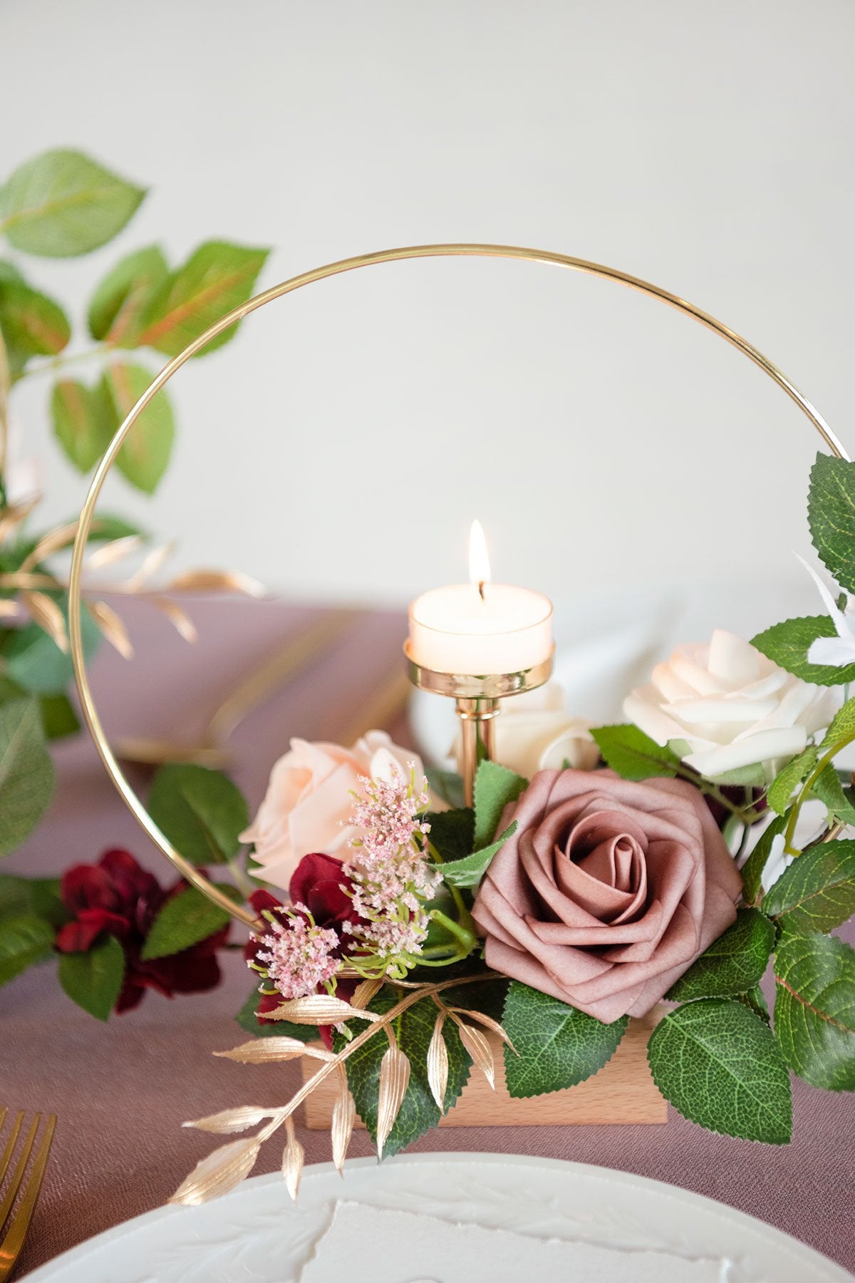 Floral Centerpieces with Candle Holder (Set of 3) - Marsala & Dusty Rose - lingsDev
